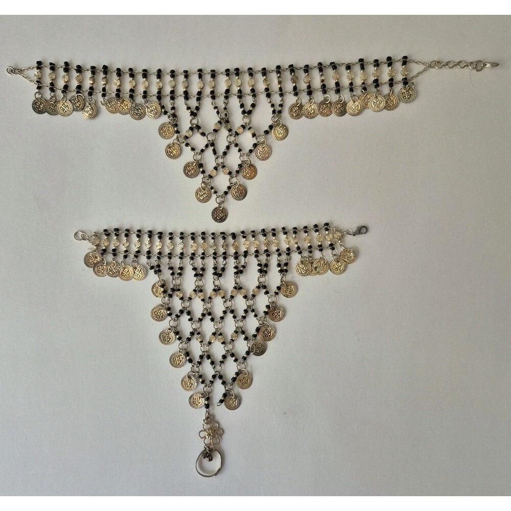 VTG Silver and Black Beaded Belly Dancer Finger Ring Bracelet & Arm Bracelet